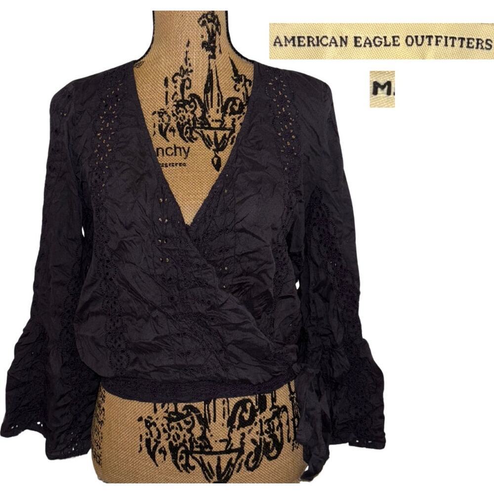 American Eagle Bell Sleeve Eyelet Wrap Top Gray Size Medium Boho Chic Beach